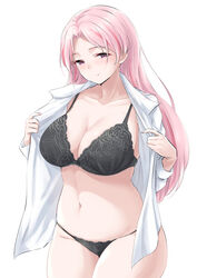 big_breasts black_bra black_panties blush bra cleavage female female_only kantai_collection lace-trimmed_bra lace-trimmed_panties long_hair looking_at_viewer luigi_di_savoia_duca_degli_abruzzi_(kantai_collection) open_shirt panties pink_eyes pink_hair plump red_highlights smile solo takomeshi thick_thighs undressing wide_hips