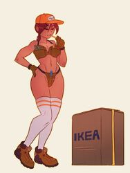 aubrey_(sea_legs) bra cleavage freckles hat ikea kneesocks ndasfw red_hair sea_legs tan_skin thick_thighs thighhighs thighs thong toned toned_female wide_hips work_boots