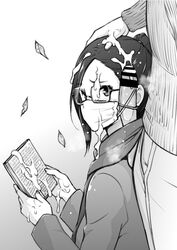 1boy bar_censor blush book censored copyright_request cum cum_on_book cum_on_hair cum_on_hands facial female glasses greyscale hand_on_another's_head holding holding_book long_sleeves looking_back mask monochrome mouth_mask penis penis_on_face penis_under_another's_clothes ponytail sanagi_torajirou scarf semi-rimless_eyewear standing sticky_cum straight surgical_mask under-rim_eyewear