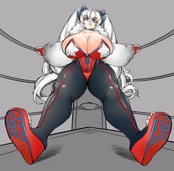 1girls bamman big_breasts big_thighs blue_eyes breasts female female_focus grey_background hips huge_breasts large_breasts long_hair looking_at_viewer looking_forward red_shoes sideboob solo solo_female solo_focus thick_thighs thighs twintails white_hair wide_hips wrestler wrestling_ring