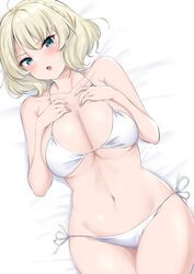 big_breasts bikini blonde_hair blue_eyes blush cleavage colorado_(kantai_collection) crown_braid female female_only hourglass_figure kantai_collection looking_at_viewer on_back on_bed short_hair side-tie_bikini solo sweatdrop swimsuit takomeshi wavy_hair white_bikini wide_hips