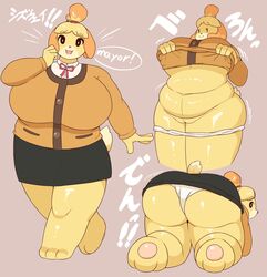 2019 :3 animal_crossing animal_crossing_new_leaf anthro ass belly big_ass big_belly big_breasts braffy breasts chubby chubby_anthro chubby_female dress_lift english_text exposed_pussy formal huge_breasts imminent_sex isabelle_(animal_crossing) jacket japanese_text lying_on_floor nintendo open_:3 panties panties_around_leg panties_down pulling_down_panties pulling_down_pants pussy shirt_lift skirt thick_ass thick_thighs vagina