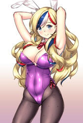 armpits arms_up big_breasts black_legwear blonde_hair blue_eyes blue_highlights blush bowtie bunny_ears bunnysuit cleavage commandant_teste_(kantai_collection) female female_only highleg_leotard kantai_collection long_hair looking_at_viewer merufena multicolored_hair neck_ribbon pantyhose red_highlights skin_tight smile solo wavy_hair