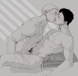 2boys abs attack_on_titan bertolt_hoover blonde_hair brown_hair completely_nude couple feet_out_of_frame french_kiss from_side greyscale highres implied_anal implied_sex kissing male_focus male_only male_pubic_hair monochrome multiple_boys nene_(10575936) nipples nude pectorals pubic_hair reiner_braun shingeki_no_kyojin short_hair spot_color spread_legs stomach toned toned_male trenotown yaoi