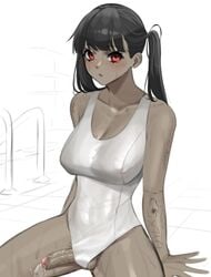 1futa absurdres bangs black_hair blunt_bangs blush clothed clothing commentary covered_navel covered_nipples cowboy_shot cum dark-skinned_futanari dark_skin ejaculation female futa_only futanari highres human iris_(norunollu) long_hair looking_at_viewer norunollu one-piece_swimsuit original partially_clothed penis red_eyes shadow sitting solo swimsuit twintails veins veiny_penis white_swimsuit