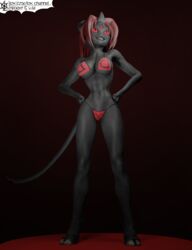 2021 3_eyes 3_horns 3d 3d_(artwork) abs absurd_res anthro athletic athletic_anthro athletic_female bestia big_breasts bikini bikini_thong biped black_background black_body black_pupils black_tail bottomwear braided_hair breasts clothed clothing cloven_hooves colored_nails curved_horn demon digital_media_(artwork) female fingers front_view full-length_portrait glistening glistening_body glistening_hair glistening_skin grin hair hi_res high_cut_bikini hooves horn light lighting long_legs long_tail looking_up lox_(artist) monotone_body monotone_hair monotone_tail multi_eye multi_horn nails navel not_furry open_mouth portrait pupils red_eyes red_hair russian_text shaded shadow side-tie_bikini signature simple_background smaller_version_at_source smile solo standing swimwear text the_beast_(the_binding_of_isaac) the_binding_of_isaac topwear video_games watermark