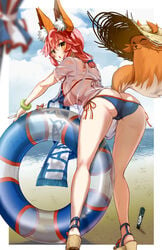 animal_ear_fluff animal_ears ass bangs beach beach_umbrella bikini blue_bikini blue_sky blush boshi_(a-ieba) bracelet breasts commentary_request fate/grand_order fate_(series) female fox_ears fox_girl fox_tail full_body halterneck hat highres innertube jewelry large_breasts long_hair looking_at_viewer looking_back ocean open_mouth pink_hair shirt shore short_sleeves side-tie_bikini sidelocks sky solo string_bikini swimsuit tail tamamo_no_mae_(fate) tamamo_no_mae_(swimsuit_lancer) umbrella wet wet_clothes wet_shirt white_shirt yellow_eyes