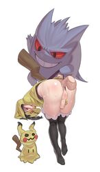 1boy absurdres adapted_costume allister_(pokemon) anal bent_over black_hair black_legwear body_blush character_print cosplay cum cum_in_ass disembodied_penis gengar grey_pupils highres hood hood_up looking_back male_focus mask mimikyu mimikyu_(cosplay) monster_frog onion_(pokemon) open_mouth overflow penis pokémon_(species) pokemon pokemon_(cosplay) pokemon_(game) pokemon_ss pokemon_tail sex shiny shiny_skin short_hair sweat tail teeth testicles thighhighs upper_teeth yaoi