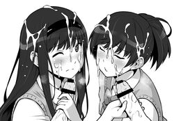 2boys 2girls amagami bar_censor blush bow bowtie bukkake censored closed_eyes closed_mouth cum cum_on_hair facial facing_viewer from_side greyscale group_sex hairband handjob looking_at_viewer looking_to_the_side monochrome morishima_haruka multiple_boys multiple_girls multiple_penises one_eye_closed orgy parted_lips penis ponytail sanagi_torajirou school_uniform shirt simple_background straight sweater_vest tsukahara_hibiki white_background