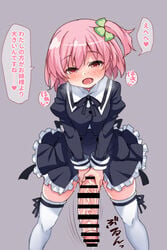 1futa assault_lily bangs bar_censor black_neckwear black_ribbon black_skirt blush buttons censored clothed clothing clover_hair_ornament commentary cropped_jacket erection eyebrows_visible_through_hair feet_out_of_frame female four-leaf_clover_hair_ornament frilled_skirt frills futa_only futanari grey_background hair_ornament heart heavy_breathing high-waist_skirt highres hitotsuyanagi_riri huge_cock human juliet_sleeves leg_ribbon legs_apart light-skinned_futanari light_skin long_sleeves looking_at_viewer masturbation medium_hair miniskirt mostly_clothed motion_lines neck_ribbon one_side_up open_mouth penis penis_grab pink_hair puffy_sleeves red_eyes ribbon school_uniform simple_background skirt small_but_hung solo speech_bubble spoken_heart standing sweat thighhighs translated v_arms veins veiny_penis white_legwear yunodon_(sugar_maple) yurigaoka_girls_academy_school_uniform