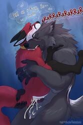 ahoge_(artist) anal anthro bite blush bodily_fluids canid canine canis collar cum duo fox genital_fluids hi_res knot male male/male mammal scratch_mark tail_grab text wolf