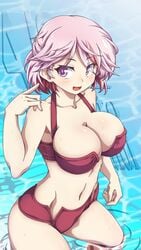 547th_sy big_breasts bikini cleavage female female_only giuseppe_garibaldi_(kantai_collection) high-angle_view kantai_collection partially_submerged pink_eyes pink_hair pool red_bikini red_highlights short_hair smile solo swimsuit two_tone_hair water wet