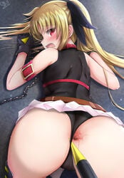 all_fours anus ass bardiche black_leotard blonde_hair cameltoe chains clothing_aside fate_testarossa female from_behind giraffe_(ilconte) gloves leotard leotard_aside long_hair looking_at_viewer looking_back lyrical_nanoha mahou_shoujo_lyrical_nanoha red_eyes shiny shiny_hair skirt solo twintails