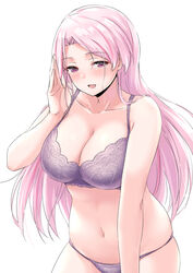 big_breasts blush bra cleavage female female_only kantai_collection lace-trimmed_bra lace-trimmed_panties long_hair looking_at_viewer luigi_di_savoia_duca_degli_abruzzi_(kantai_collection) panties pink_eyes pink_hair purple_bra purple_panties red_highlights smile solo takomeshi