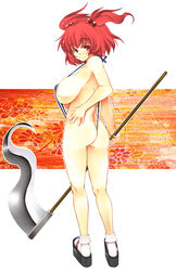 1girls ass breasts clog_sandals female hair_bobbles hair_ornament komachi_onozuka legs mabuchoco_m red_eyes red_hair scythe short_hair sling_bikini solo swimsuit tied_hair touhou twintails