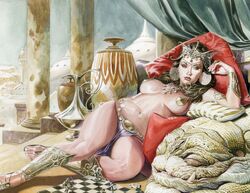 1girls a_princess_of_mars anklet barsoom black_hair bracelet chess dejah_thoris gold_pasties headdress jg_jones john_carter_of_mars large_breasts loincloth long_hair lounging martian necklace official_art pasties pillow royalty voluptuous