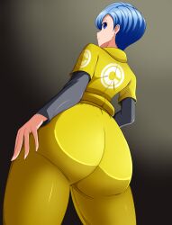 1girls ass ass_focus big_ass blue_eyes blue_hair bulma_briefs canonical_scene dat_ass dragon_ball ear_piercing earrings female female_only hair huge_ass jumpsuit kmkz-art large_ass mature mature_female mature_woman milf mother solo solo_female thighs yellow_jumpsuit