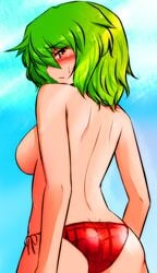 back bikini_bottom blush breasts dimples_of_venus green_hair looking_back plaid red_eyes roki_(hirokix) short_hair topless touhou youkai yuka_kazami