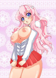 1girls 2d baka_to_test_to_shoukanjuu blue_eyes breasts himeji_mizuki nipples open_mouth pink_hair solo tagme