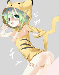 ass blush breasts color cosplay cum female green_hair human insertion male nintendo nipples npc_trainer penis pikachu_(cosplay) pokekid pokemon pokemon_(cosplay) sex straight tagme