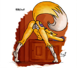 anthro ass back_view bent_over color digimon female female_only fox7 fur furry nude renamon solo tagme vulva