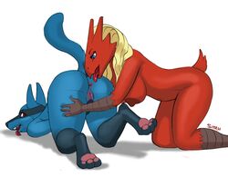 anthro anthrofied anus areola ass ass_up avian big_nipples blaziken blue_eyes breasts canine chicken duo eyelashes female hair hands licking looking_back lucario lying masturbation nintendo on_front oral paws plain_background pokemon pokemon_(species) presenting pussy pussy_lips red_eyes siyah tail tongue tongue_out video_games wide_hips yuri