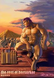 1boy artist_name bara brown_nipples chisel day english_text facial_hair fire_emblem fire_emblem:_path_of_radiance fire_emblem:_radiant_dawn flaccid_penis front_view hammer holding_object holding_tool huge_muscles human japanese_text largo_(fire_emblem) looking_aside male male_only medium_penis muscle nipples nude outdoors pencil pencil_on_ear penis pubic_hair purple_hair saw short_hair sitting solo sunset tan_skin text tiger_tracks tool_belt tools town zelo_lee