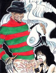 1boy 2girls balls big_breasts black_background black_eyes black_hair black_lips bracelet breasts chaos_comics closed_eyes collar crossover dark_hair dc death_of_the_endless earrings erect_nipples fellatio female freddy_krueger hair hat huge_cock kissing lady_death large_breasts large_penis long_hair male necklace nightmare_on_elm_street nipples oral oral_sex penis rob_durham scars sex straight testicles the_sandman threesome very_long_hair white_hair