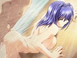 against_wall arched_back ass blue_hair breast_press breasts censored clenched_teeth cum from_behind game_cg hayase_mitsuki kimi_ga_nozomu_eien large_breasts nude sex shower sideboob wet