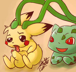 bulbasaur duo feral kaittycat male male_only nintendo nude penis pikachu pokémon_(species) pokemon pokemon_(species) pokemon_rgby sitting tagme vines