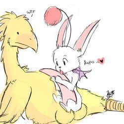 chocobo color final_fantasy furry interspecies kaittycat male male_only moogle multiple_males simple_background yaoi