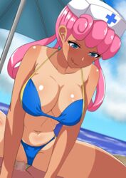 1boy :q bangs bare_arms beach_umbrella bikini bikini_aside blue_bikini blue_eyes breasts censored cleavage closed_mouth clothing_aside cloud commentary_request dark-skinned_female dark_skin day eyelashes female hair_rings hat kenja_panda long_hair looking_down mosaic_censoring navel nurse_cap nurse_joy outdoors penis pink_hair pokemon pokemon_(anime) pokemon_(classic_anime) sand sex shiny shiny_hair shiny_skin shore sky smile solo_focus spread_legs straight swimsuit tan tanlines tongue tongue_out two-tone_bikini umbrella vaginal_penetration water white_headwear yellow_bikini