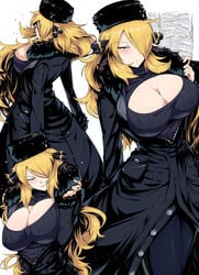 1girls alternate_breast_size big_breasts black_jacket black_leggings blonde_hair breasts cleavage clothed clothed_female cosplay cynthia_(pokemon) female female_focus galaxy_express_999 hair_over_one_eye hat inviting jacket large_breasts leggings leijiverse long_hair maetel maetel_(cosplay) pokemon pokemon_dppt solo solo_female solo_focus suzusiigasuki sweater white_background