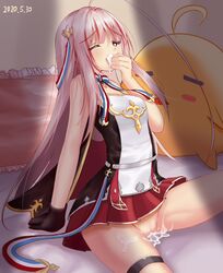 after_sex afterglow ahoge azur_lane bed commentary_request cum cum_in_pussy female hair_ornament heart heart-shaped_pupils multicolored_hair nene-hime no_panties one_eye_closed pillow pink_hair sitting sleeveless solo spread_legs stuffed_toy symbol-shaped_pupils two-tone_hair vauquelin_(azur_lane)