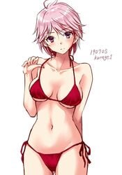 bikini bikini_pull female female_only giuseppe_garibaldi_(kantai_collection) hourglass_figure kantai_collection looking_at_viewer medium_breasts pink_eyes pink_hair red_bikini short_hair side-tie_bikini solo swimsuit u0709 underboob