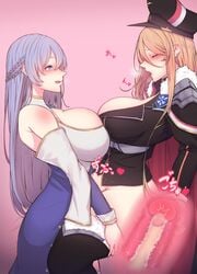 1futa 1girls absurdres azur_lane big_breasts bismarck_(azur_lane) bismarck_(coat_of_arms) black_footwear black_headwear black_jacket boots bottomless breast_press breasts cape censored cleavage clothed clothed_sex clothing commentary_request dress duo erection female fur-trimmed_cape fur_trim futa_on_female futa_with_female futanari hair_between_eyes hat highres huge_breasts human jacket light-skinned_female light-skinned_futanari light_purple_hair light_skin long_hair mosaic_censoring multiple_girls open_mouth orange_hair pale_skin partially_clothed peaked_cap penis pink_background purple_dress purple_eyes rikuguma rodney_(azur_lane) sex standing standing_missionary standing_sex symmetrical_docking thigh_boots thighhighs vaginal_penetration x-ray