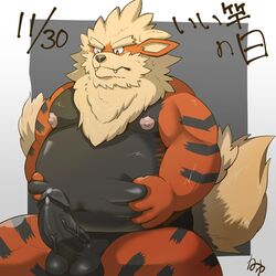 2021 anthro anthrofied arcanine balls belly black_body erection genitals hi_res humanoid_genitalia humanoid_hands humanoid_penis japanese_text kamiyu kemono male male_only moobs nintendo nipples one_eye_closed orange_body overweight overweight_male penis pokemon pokemon_(species) sitting solo text video_games