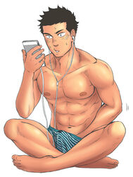 1boy abs bara bulge crossed_legs earphones erection erection_under_clothes full_body green_male_underwear hand_in_underwear holding holding_phone male_focus male_masturbation male_only male_underwear masturbation masturbation_under_clothes navel nipples original pectorals phone print_male_underwear short_hair solo stomach striped toned toned_male topless_male underwear underwear_only unplugged_line