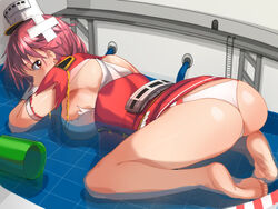 all_fours ass_up ayakumo barefoot big_ass big_breasts bubble_butt feet female female_only giuseppe_garibaldi_(kantai_collection) hat kantai_collection looking_at_viewer looking_back panties partially_submerged pink_eyes pink_hair short_hair skirt_up soles solo torn_clothes water white_panties