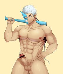 1boy abs absurdres bar_censor bara baseball_bat blank_eyes censored closed_mouth commentary completely_nude cowboy_shot erection fujimachine_(clayten) half_mask hand_on_hip highres horned_mask large_pectorals long_hair looking_at_viewer male male_focus male_only mask monster_boy muscular muscular_male navel nipples nude oerba_yun_fang oni_mask over_shoulder pectorals penis pointy_ears ponytail shuten_(tokyo_afterschool_summoners) sideburns solo stomach testicles thick_thighs thighs tokyo_afterschool_summoners white_hair