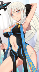 arm_behind_head arm_up armpits ass_visible_through_thighs bangs bare_shoulders black_bow black_dress blue_eyes bow braid breasts capelet censored center_opening dress eyebrows_visible_through_hair fate/grand_order fate_(series) female french_braid grey_hair hairbow highres large_breasts long_hair looking_at_viewer md5_mismatch morgan_le_fay_(fate) mosaic_censoring navel nipples nt00 pelvic_curtain polearm ponytail pussy sidelocks solo spear thighs very_long_hair weapon white_capelet