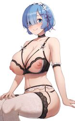 1girls 2d blue_eyes blue_hair eyes_visible_through_hair female female_only garter_belt hair_over_one_eye human lingerie looking_at_viewer maid maid_headdress nipple_slip nipples paintcan re:zero_kara_hajimeru_isekai_seikatsu rem_(re:zero) short_hair simple_background smile stockings thick_thighs thighs white_background x_hair_ornament