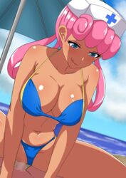 1boy :q bangs bare_arms beach_umbrella bikini bikini_aside blue_bikini blue_eyes breasts censored cleavage closed_mouth clothing_aside cloud commentary_request dark-skinned_female dark_skin day eyelashes female hair_rings hat kenja_panda long_hair looking_down mosaic_censoring navel nurse_cap nurse_joy outdoors penis pink_hair pokemon pokemon_(anime) pokemon_(classic_anime) sand sex shiny shiny_hair shiny_skin shore sky smile solo_focus spread_legs straight swimsuit tongue tongue_out two-tone_bikini umbrella vaginal_penetration water white_headwear yellow_bikini