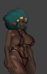 1girls afro big_breasts big_hair bikini_top black_female colored dark-skinned_female dark_skin female_only green_eyes green_hair grey_background gym_leader headband lenora_(pokemon) looking_at_viewer nintendo pokemon pokemon_bw rear_view rihendogiral solo_female thick_thighs uncensored