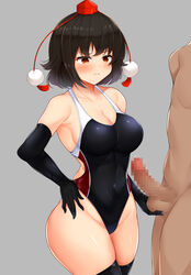 1boy armpit_crease bangs black_gloves black_hair black_legwear black_swimsuit blush breasts brown_eyes caressing_testicles censored closed_mouth clothed_female_nude_male commentary commission competition_swimsuit covered_navel cowboy_shot daichi_(tokoya) elbow_gloves erection eyebrows_visible_through_hair female gloves grey_background hand_on_hip handjob hat head_out_of_frame highres large_breasts looking_at_another mosaic_censoring nude one-piece_swimsuit penis red_headwear shameimaru_aya sideboob simple_background skeb_commission solo_focus straight swimsuit testicles thighhighs tokin_hat touhou