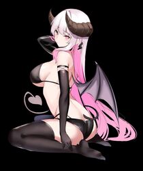 ass bare_shoulders bat_wings bikini black_bikini black_legwear breasts demon demon_girl demon_horns demon_tail demon_wings elbow_gloves female gloves highres horns kneeling large_breasts looking_at_viewer original pink_eyes pink_hair spider_apple spread_legs succubus swimsuit tail thighhighs wariza wings