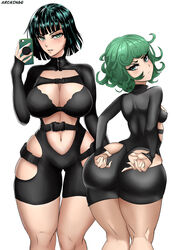 2girls arcsinge ass big_ass big_breasts blush breasts female female_only fubuki_(one-punch_man) green_eyes green_hair large_breasts one-punch_man phone selfie short_hair sisters size_difference small_breasts smaller_female standing tatsumaki thick_thighs thighs