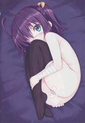 ass blue_eyes chuunibyou_demo_koi_ga_shitai! eye_patch fetal_position hair_covering_eye no_penetration purple_hair ribbon_in_hair tagme takanashi_rikka taped_pussy thighhighs wrapped_arm