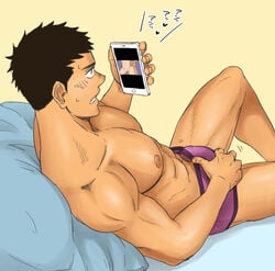 1boy 1male abs bara blush boner bulge dark_skin erect_penis erection erection_under_clothes feet_out_of_frame from_above hard_on holding holding_phone imminent_orgasm large_pectorals lying lying_on_back lying_on_bed male_focus male_masturbation male_nipples male_only male_pubic_hair male_underwear masturbating masturbation masturbation_through_clothing muscular muscular_male nipples on_back open_mouth original pecs pectorals penile_masturbation penis penis_peek phone pornography precum precum_drip pubic_hair purple_male_underwear raised_knee short_hair sideburns solo spread_legs stiffy stomach thighs toned toned_male topless_male underwear underwear_only unplugged_line watching_porn