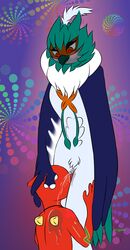 absurd_res anthro beak blue_body blush bodily_fluids charmeleon cunnilingus decidueye diana_(fenviingspaan) dorian_(bds_charmeleon) duo female female_decidueye fenviingspaan87drago genital_fluids genitals hand_on_head hi_res male male/female multicolored_body neck_tuft nintendo oral pokémon_(species) pokemon psychedelic pussy pussy_juice red_body red_eyes sex tuft two_tone_body vaginal_penetration video_games white_body wings